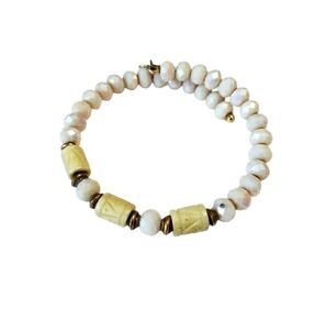 White Shimmer Carved Faux Ivory Beaded Alex and Ani Vintage Sixty Six Bracelet